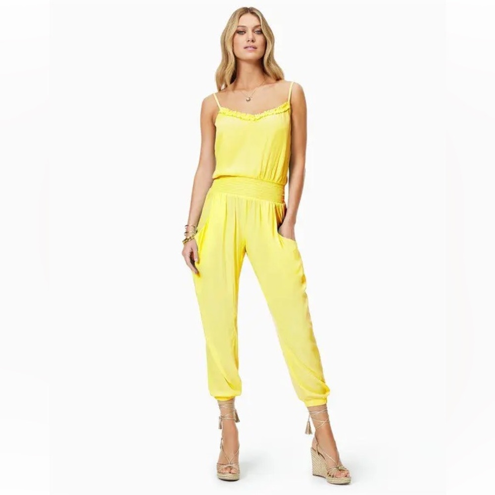 Ramy Brook Cohen Smocked Jumpsuit in Yellow Size Large Summertime Spring